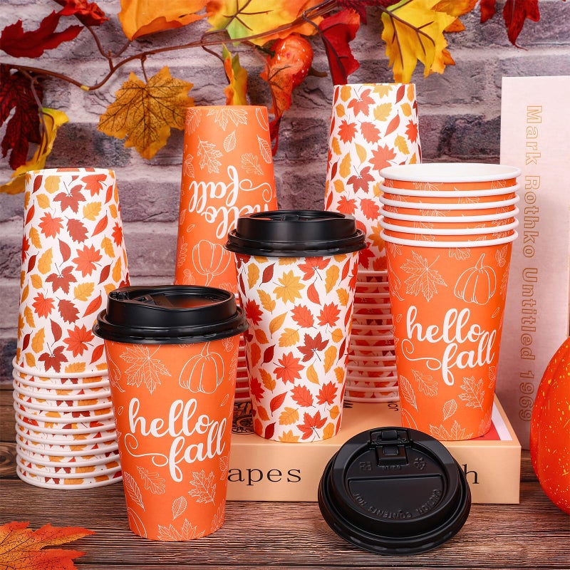 Whaline 50 Pcs Hello Fall Coffee Paper Cups Autumn Leaves Pumpkin 16oz Disposable Cups with Lids for Hot Cold Drinks Thanksgiving Holiday Party Supplies - Image 4